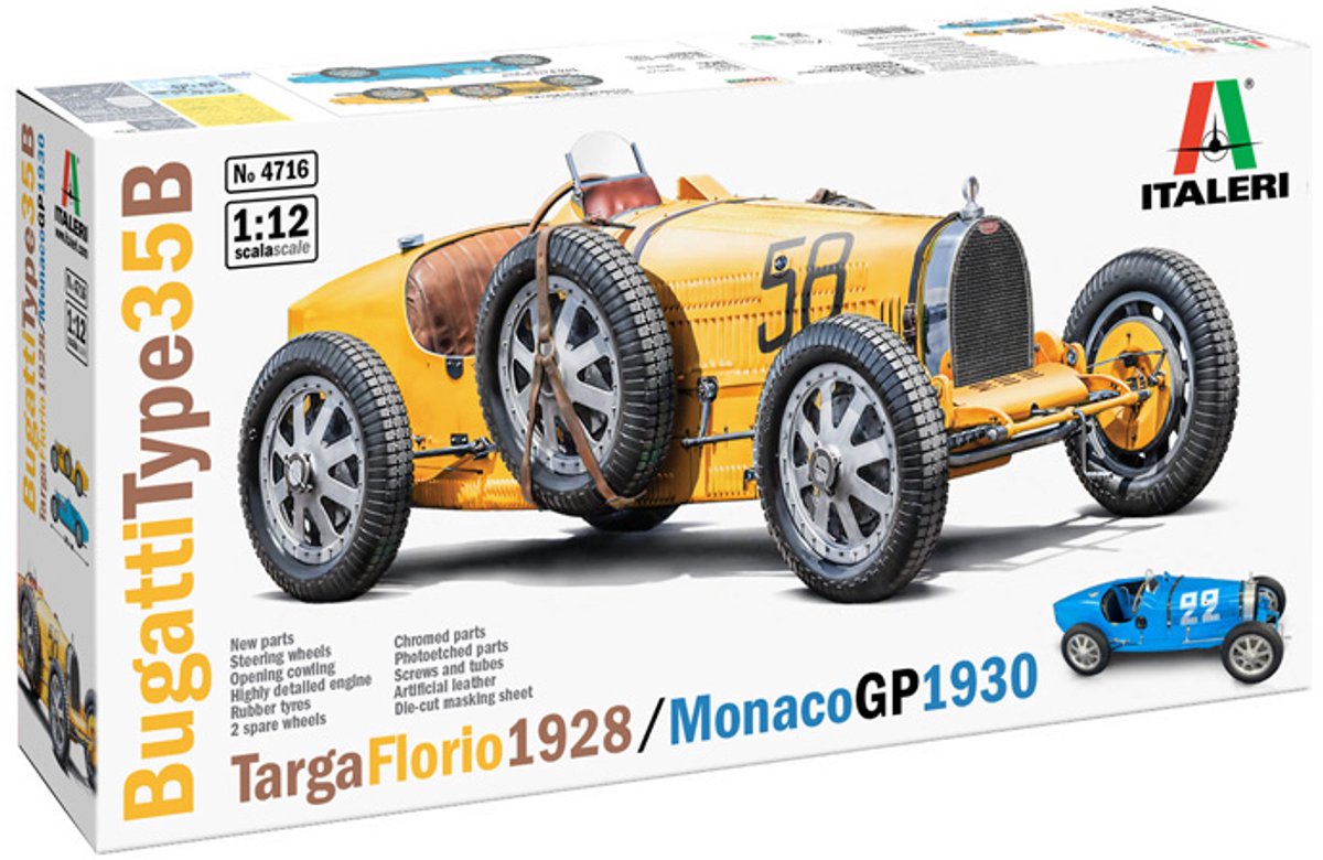 Italeri modèle kit voiture - 4716 bugatti type 35b - targa florio '29 monaco gp '30 - grand prix-rwagen plastique - 1:12 - modélisme