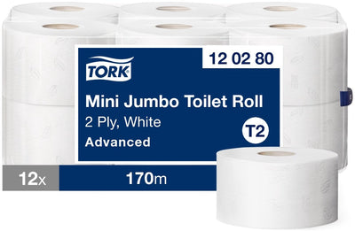 Tork 120280 papier toilette mini jumbo t2 avancé 2 couches blanc 12 rouleaux x 170 m (120280)
