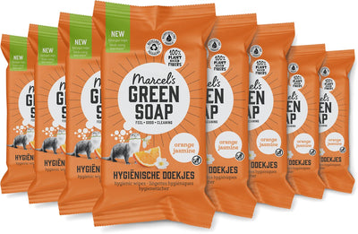 Lingettes nettoyantes hygiéniques au savon vert Marcel's - jasmin orange - 8 x 60 pièces