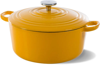 Casserole en fonte Bk bordeaux 28 cm 6,7 l - cocotte à induction - cocotte en fonte - passe au four jusqu'à 230 degrés - couvercle avec anneaux anti-goutte - intérieur émaillé blanc - jaune soleil