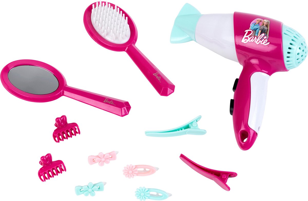 Klein Toys Salon de coiffure Barbie avec sèche-cheveux – souffle de l'air et fait du bruit – avec accessoires pour cheveux