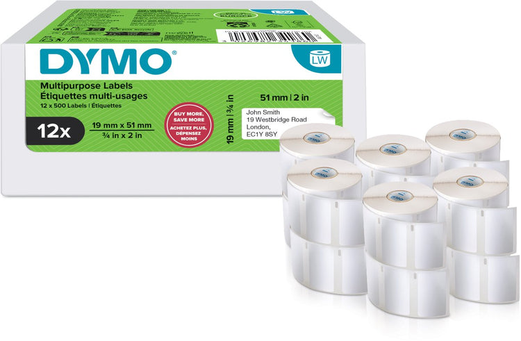 Dymo original small labelwriter multipurpose labels | 19 mm x 51 mm | 12 with 500 labels each (6,000 self-adhesive labels) | étiquettes faciles à retirer | for labelwriter label printers