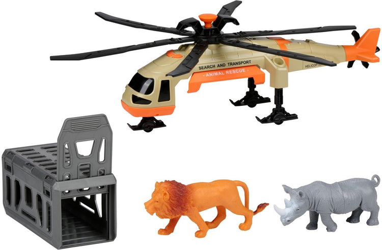 Eddy Toys Hélicoptère jouet avec cage - Jouet hélicoptère de sauvetage avec lumière et son - Hélicoptère de sauvetage d'animaux avec lion et rhinocéros - Ensemble de jeu safari pour enfants