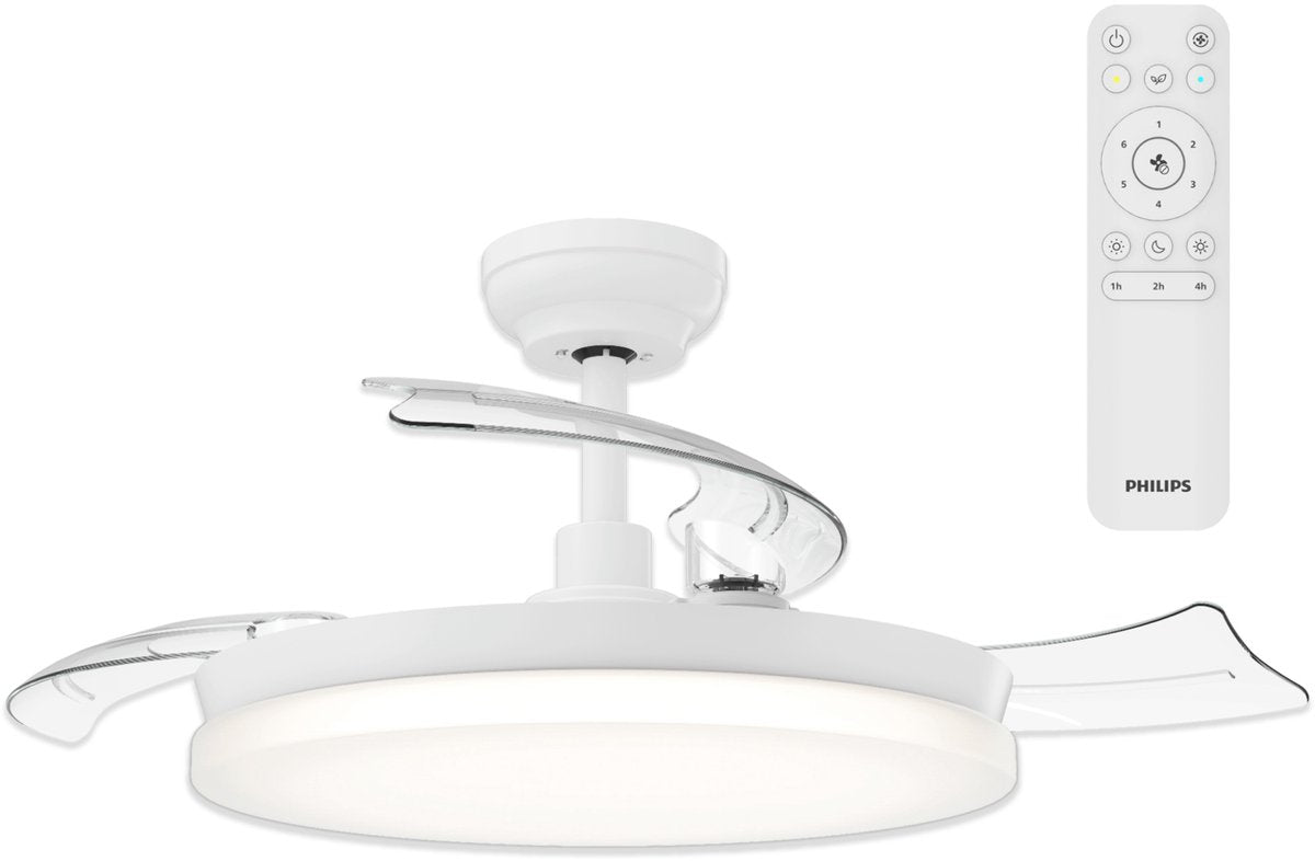 Philips LED Ventilateur de plafond Philips Solr avec lampe LED - 3 pales rétractables - diamètre : 106 cm - trois nuances de lumière blanche (2700k 4000k 5500k) - dimmable jusqu'à 10% - télécommande - blanc - 4500 lumens