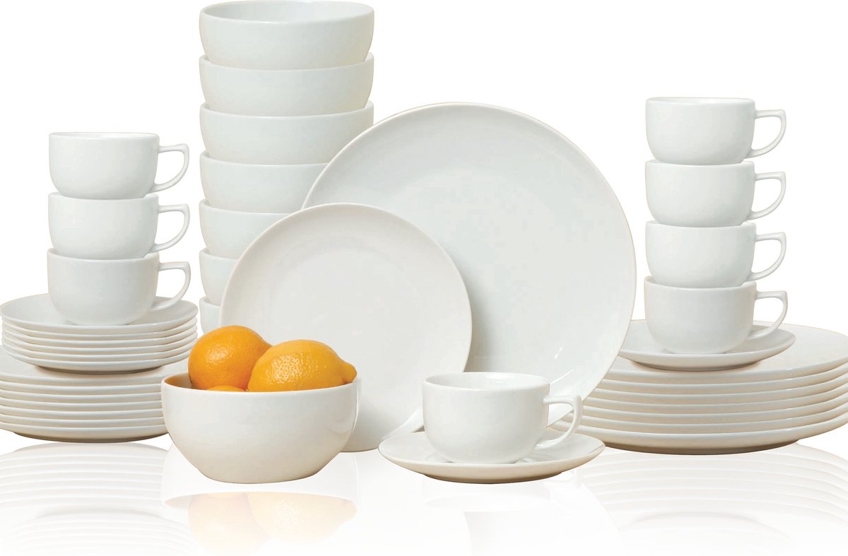 Service de table Alpina pour 8 personnes - vaisselle en faïence 40 pièces - service d'assiettes avec assiettes à petit-déjeuner, assiettes plates, bols, tasses et soucoupes - service de table lavable au lave-vaisselle et au micro-ondes - blanc
