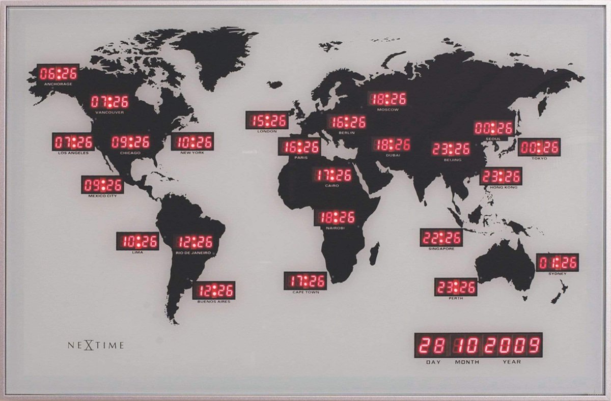 Chiffre de l'heure mondiale Nexttime – horloge murale – 55 × 36 cm – aluminium – rouge