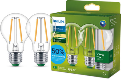 Lampe LED Philips à économie d'énergie transparente - 40 W - E27 - lumière blanc chaud - lot de 2 - économisez sur les coûts énergétiques