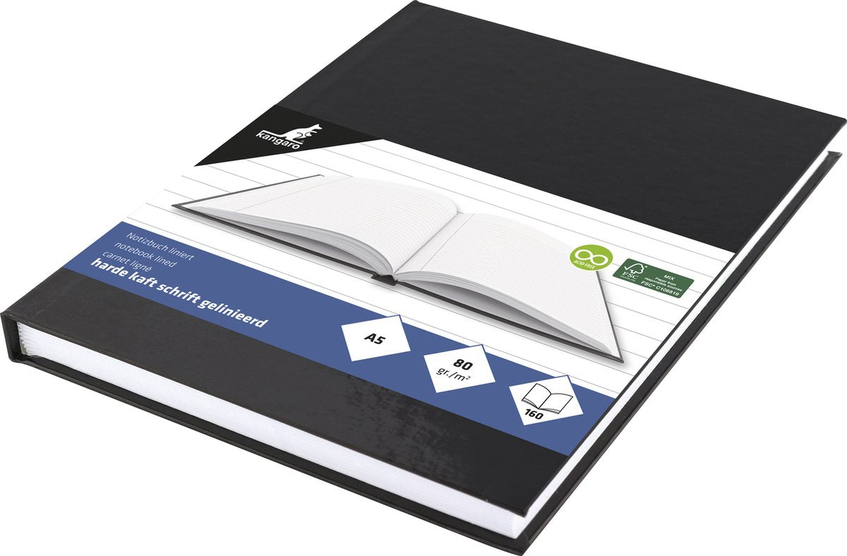 Cahier scolaire Kangaro - a5 - ligne - 160 pages - 80 grammes - couverture rigide - noir - k-5519