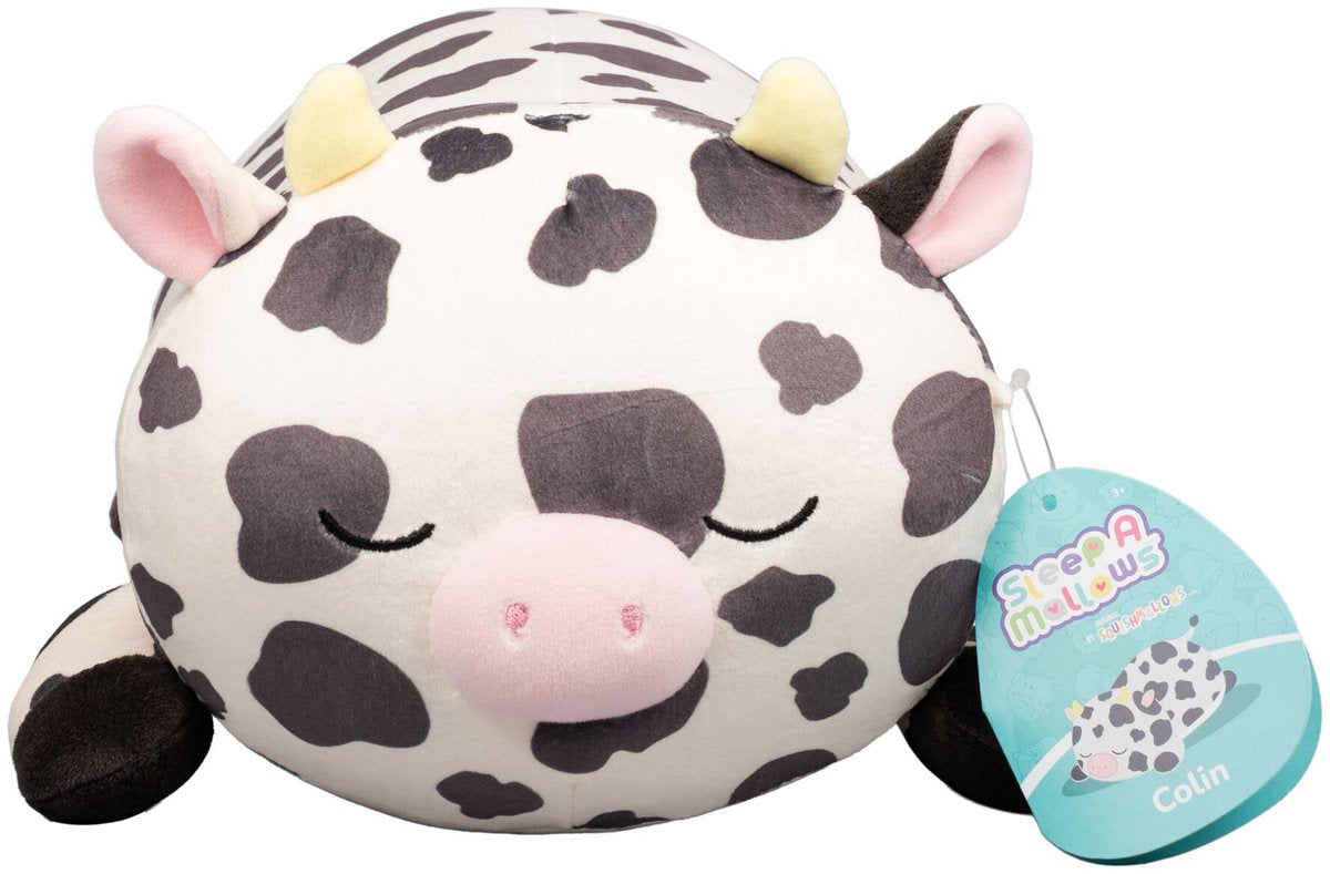 Squishmallows Jazwares - peluche moyenne (colin - vache noire et blanche avec cornes jaunes et museau rose - sleepamallows) - peluche 25cm