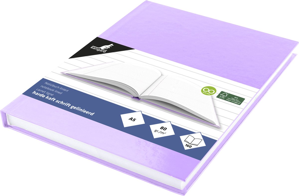 Carnet Kangaro - a5 - ligne - 160 pages - 80 grammes - couverture rigide - violet pastel - 5 pièces - k-5385-5