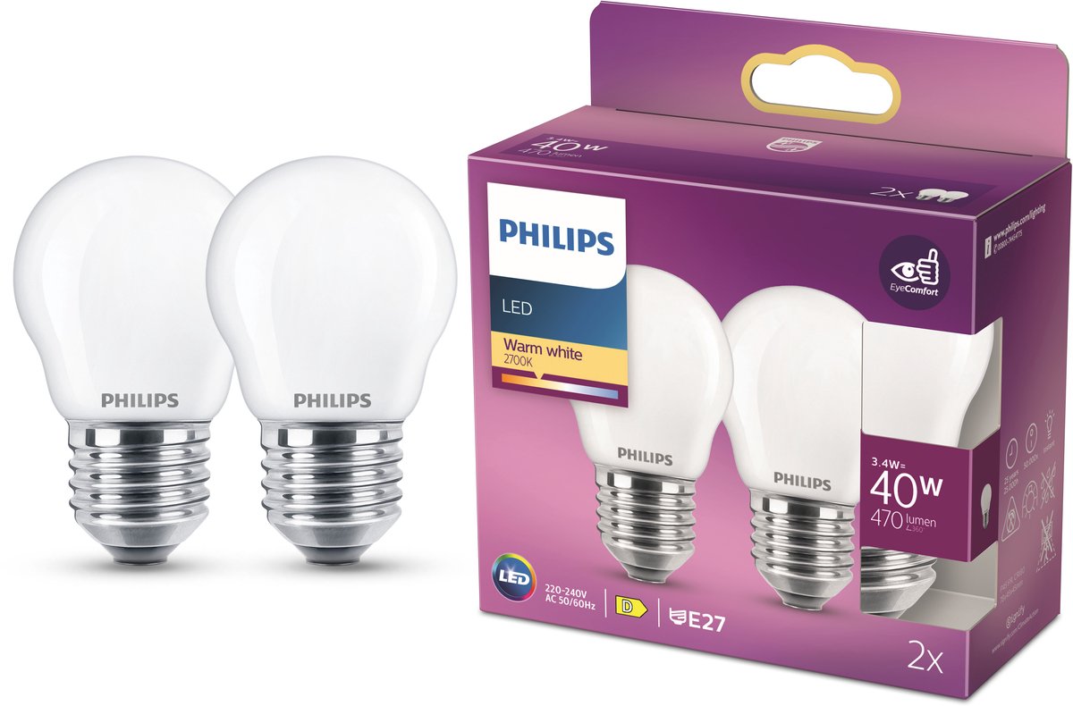 Lampe LED Philips - lampe boule avec culot E27 - lumière blanc chaud : 2700k - 40w - verre dépoli - pack de 2