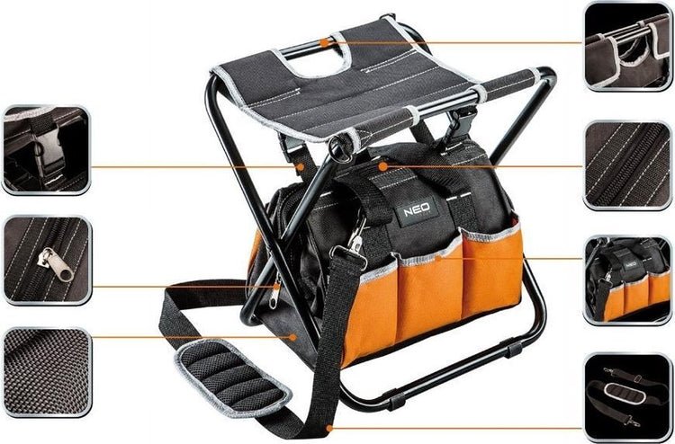 Neo - sac à outils avec tabouret - bandoulière réglable - 6 poches extérieures
