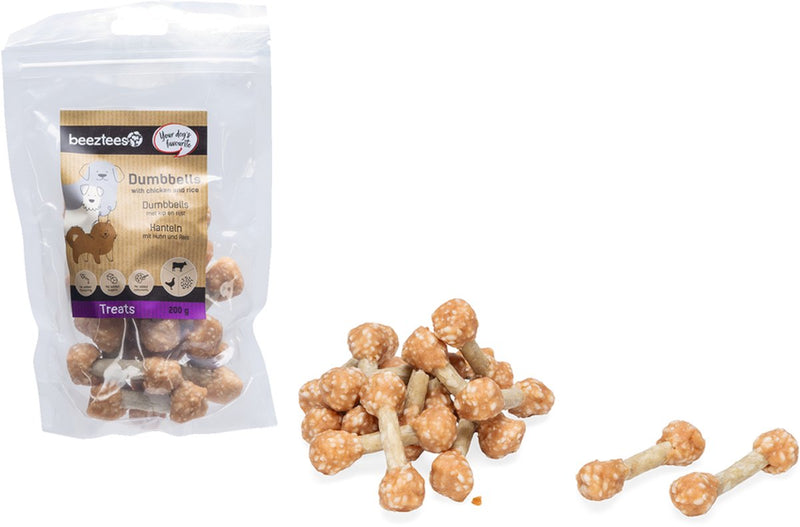 Beeztees friandises savoureuses haltères au poulet et riz - snacks pour chiens - biscuits pour chiens - friandises pour chiens - 200 grammes