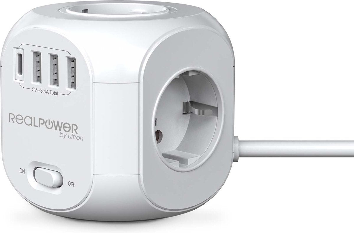 Realpower powerbox4 31 - Cube multiprise 4 ports - 3 x USB, 1 x USB-C - Câble de 1,8 mètre - blanc