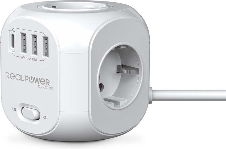 Realpower powerbox4 31 - Cube multiprise 4 ports - 3 x USB, 1 x USB-C - Câble de 1,8 mètre - blanc