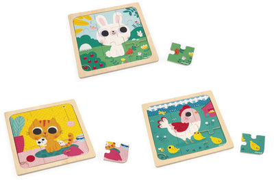 Janod - puzzle en bois - thème animalier - 3 puzzles de 9 pièces