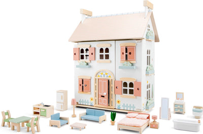 Maison de poupée en bois Woet ® - complète avec 20 meubles - maisonnette rose pastel pour enfants - FSC - jouets de jeu de rôle - à partir de 3 ans