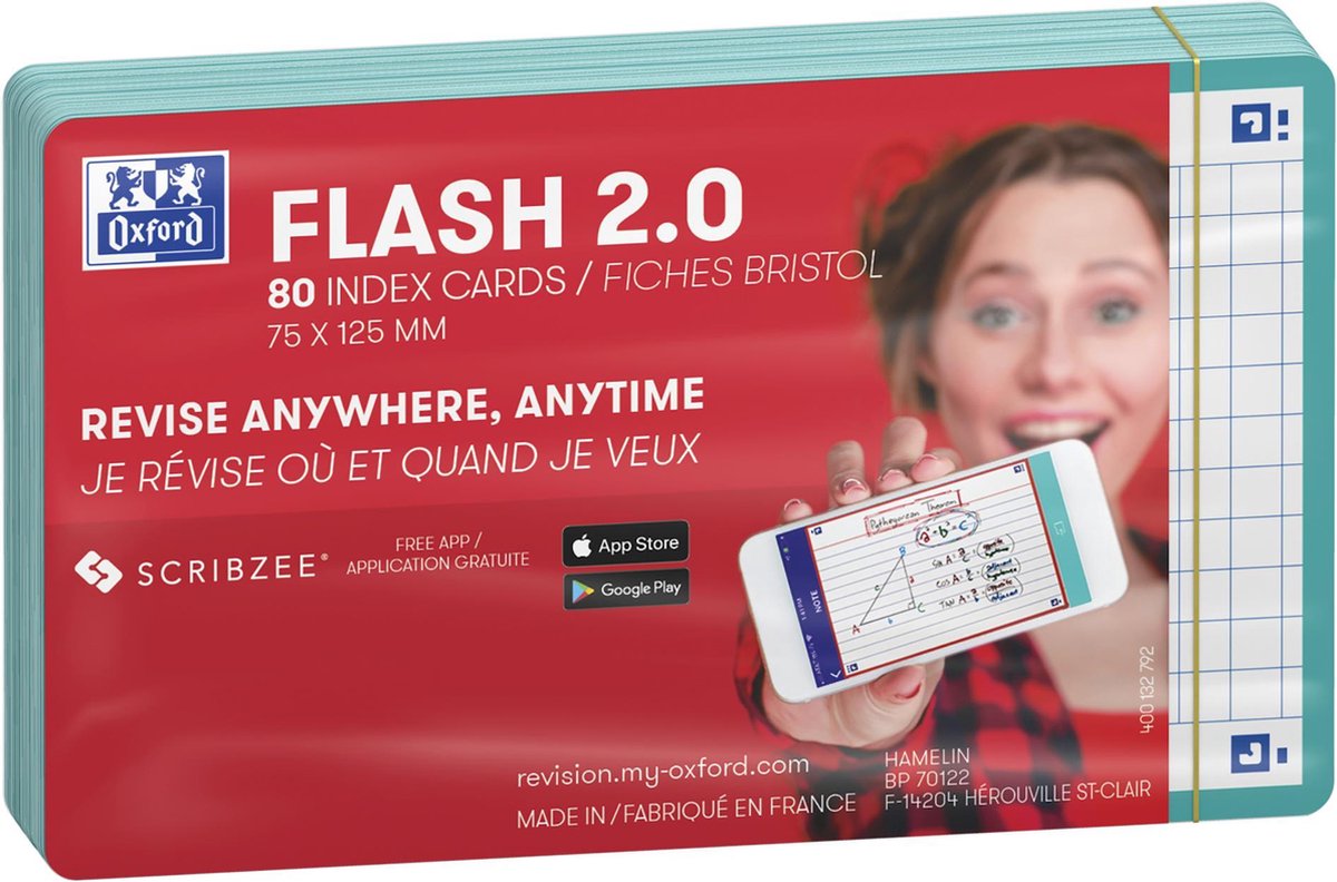 Oxford flash 2.0 - flashcards - carreaux 5mm - a7 - bord vert menthe - 80 pièces