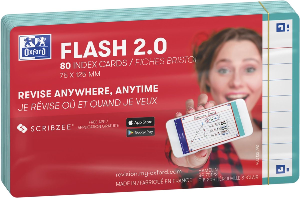 Oxford flash 2.0 - flashcards - ligné - a7 - bord vert menthe - 80 pièces