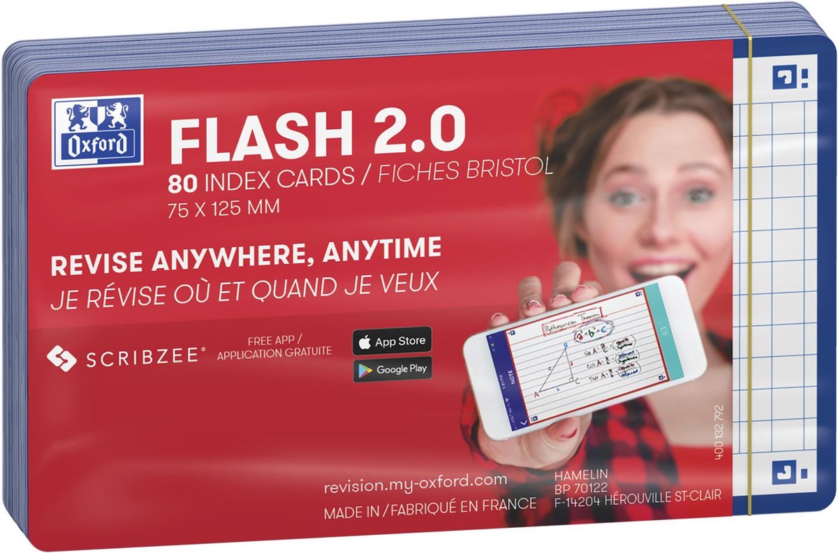 Oxford flash 2.0 - flashcards - carreaux 5mm - a7 - bord bleu - 80 pièces