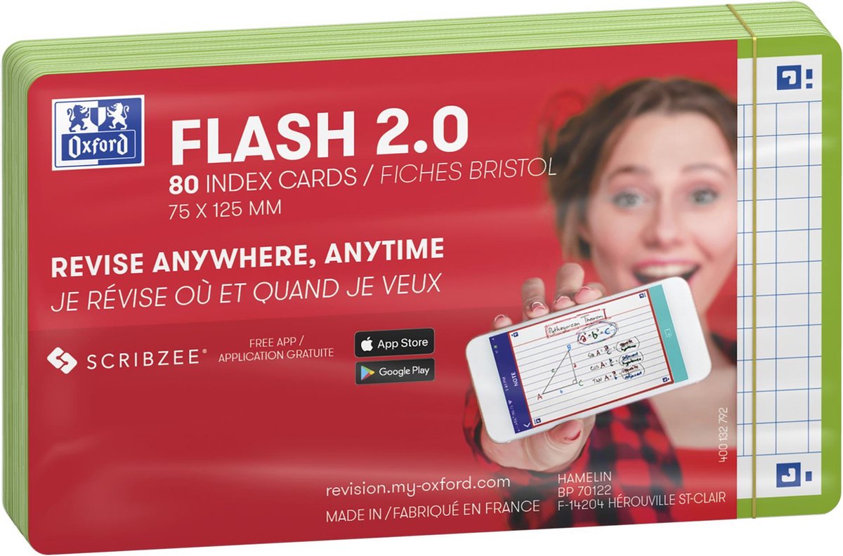 Oxford flash 2.0 - flashcards - carreaux 5mm - a7 - bord vert - 80 pièces