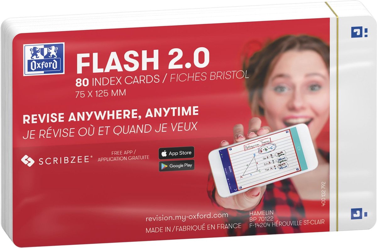 Oxford flash 2.0 - flashcards - vierges - a7 - blanc - 80 pièces
