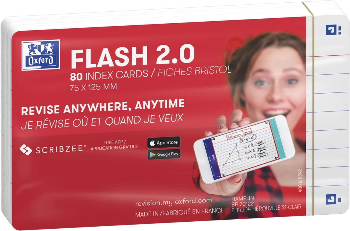 Oxford flash 2.0 - flashcards - ligné - a7 - blanc - 80 pièces