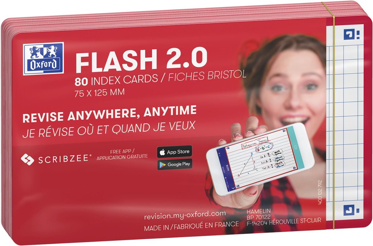 Oxford flash 2.0 - flashcards - carreaux 5mm - a7 - bord rouge - 80 pièces