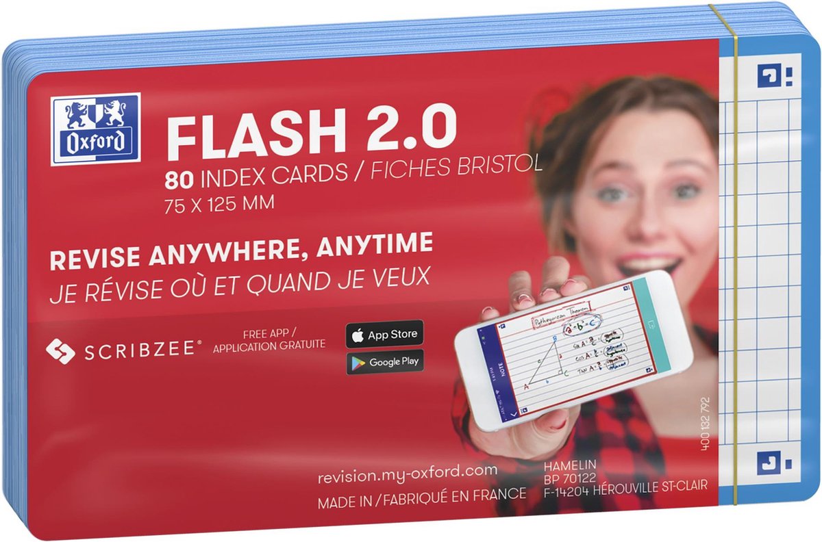 Oxford flash 2.0 - flashcards - carreaux 5mm - a7 - bord turquoise - 80 pièces