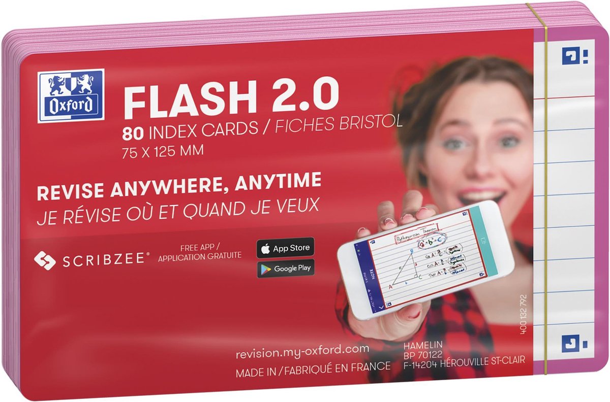 Oxford flash 2.0 - flashcards - ligné - a7 - bord fuchsia - 80 pièces