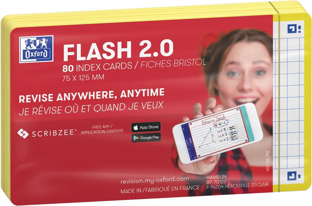 Oxford flash 2.0 - flashcards - carreaux 5mm - a7 - bord jaune - 80 pièces