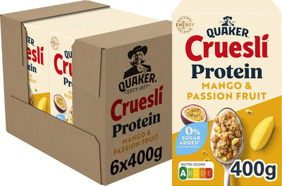 Quaker cruesli protéine zéro sucre ajouté mangue fruit de la passion 6 x 400 gr