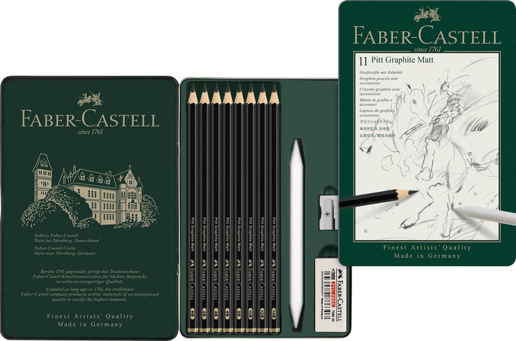 Faber-castell ensemble de crayons graphite - pitt mat - 8 pièces + gomme + plume + taille-crayon - noir mat - fc-115220