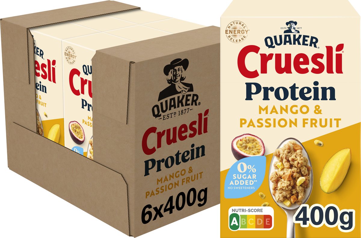 Quaker cruesli protéine zéro sucre ajouté mangue fruit de la passion 6 x 400 gr