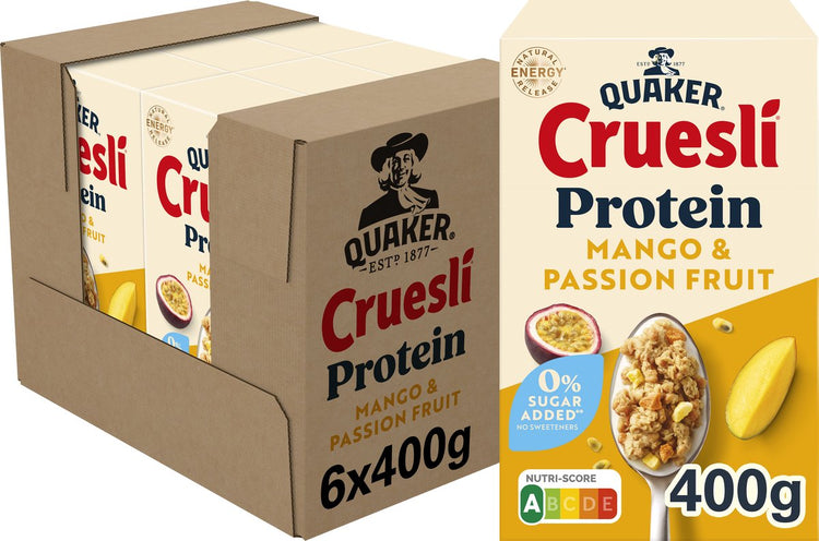 Quaker cruesli protéine zéro sucre ajouté mangue fruit de la passion 6 x 400 gr