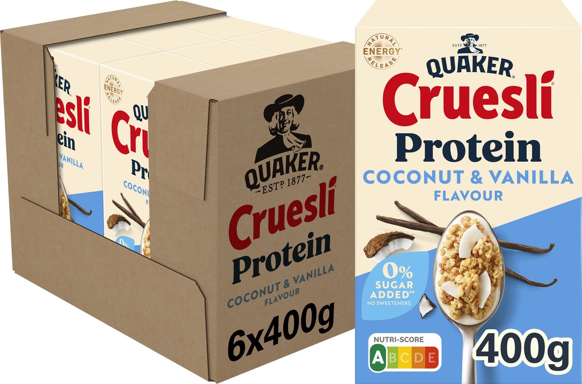 Quaker cruesli protéine zéro sucre ajouté noix de coco vanille 6 x 400 gr