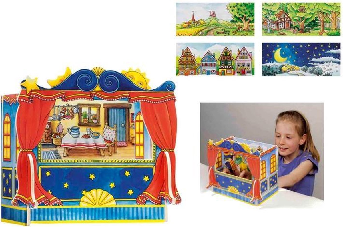 Théâtre de marionnettes Goki - marionnettes à doigts - avec 5 décors interchangeables - 28x20x25cm - bois
