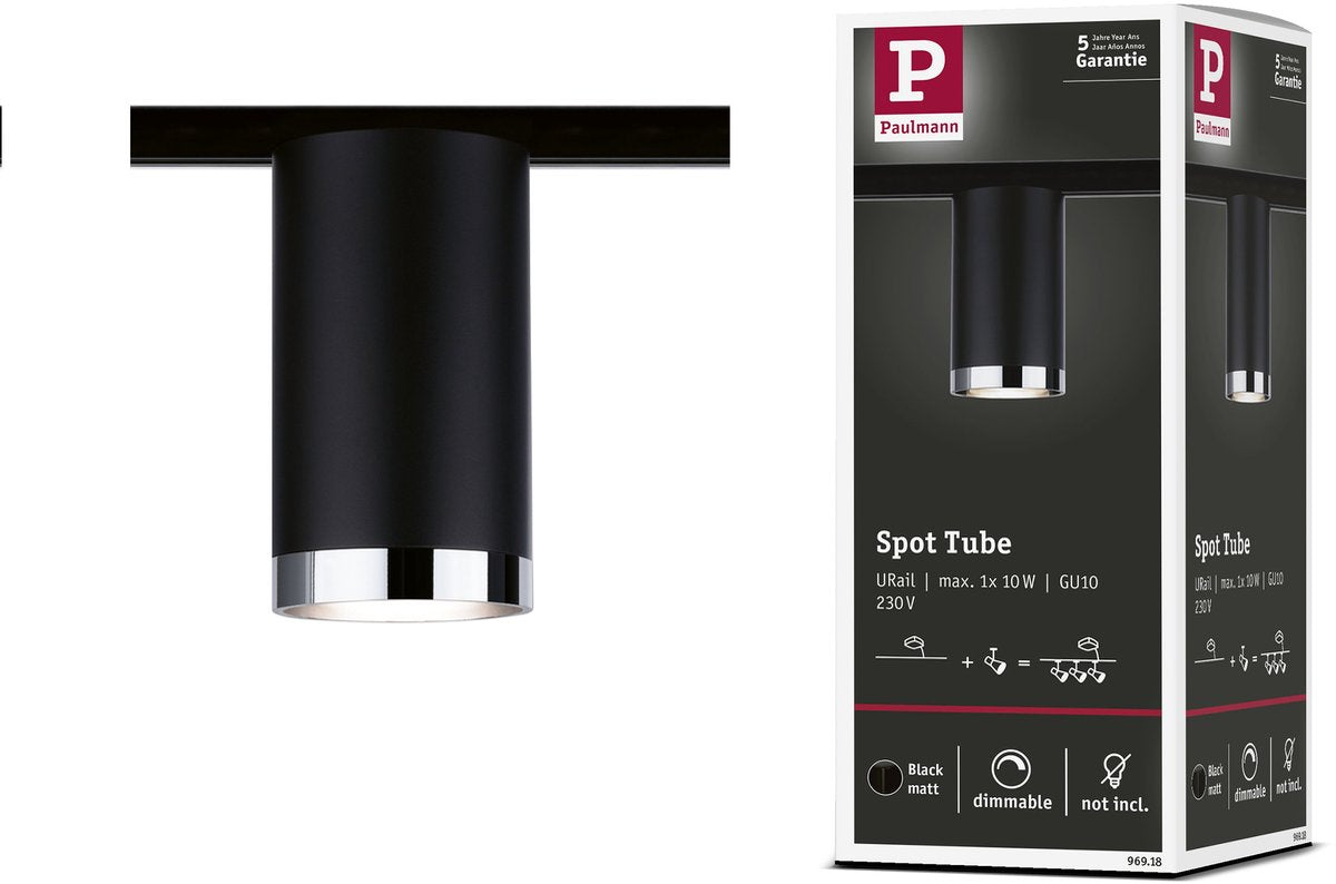 Paulmann urail rail spot tube lâche spot gu10 max. 10w dimmable 230v noir mat, chrome