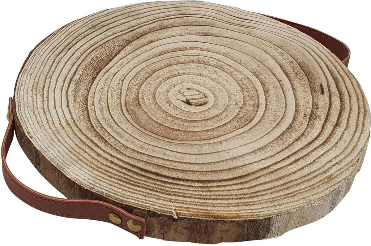 Disque d'arbre décoration Paulownia Wood avec poignées en cuir