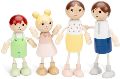 Woet ® poupées en bois pour maison de poupée - famille de 4 poupées - poupées flexibles pour maison de poupée - fsc - jouets de jeu de rôle - à partir de 3 ans