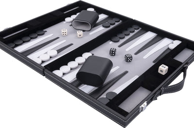 Backgammon Longfield 11 pouces - plateau cousu gris, noir et blanc - étui en cuir artificiel avec poignée - coeur d'ange