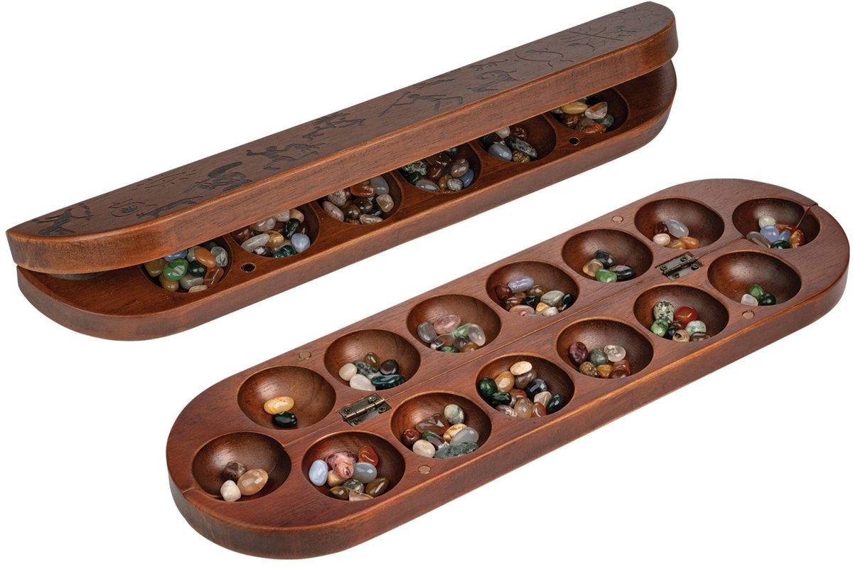 Jeu Philos Kalaha, planche de bois pliante, jeu familial stratégique.