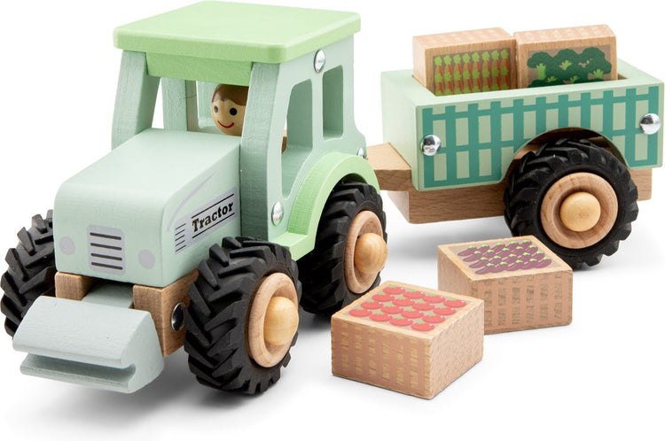 Nouveau tracteur en bois Classic Toys® avec remorque - comprenant 4 bacs à légumes - vert - véhicule jouet éducatif - jouets de jeu de rôle - à partir de 18 mois