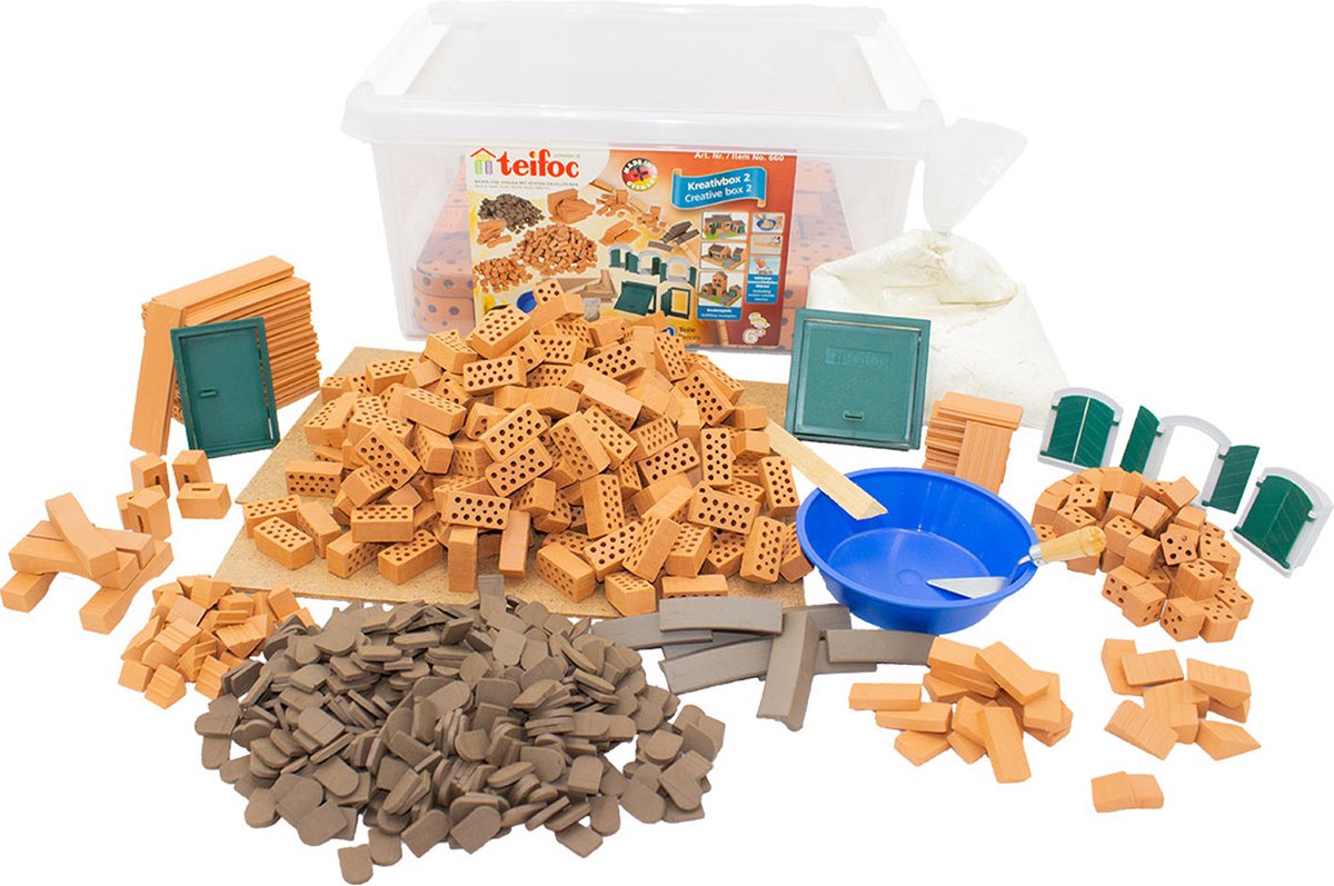 Coffret de construction Teifoc ® - coffret créatif xxl - 850 pièces - véritables mini briques avec ciment, bol et truelle - kit de construction pour enfants à partir de 6 ans