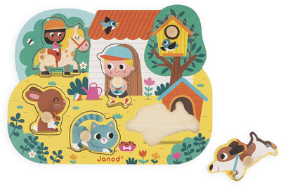 Puzzle boutons Janod - campagne - puzzle en bois de 6 pièces - les piquets en bois sur chaque pièce facilitent la préhension - dès 18 mois