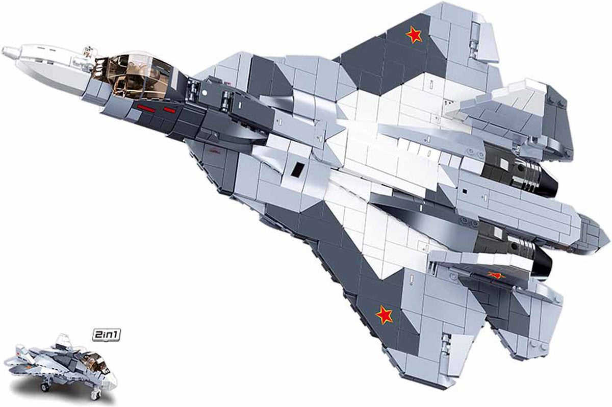 Sluban modelbricks avion de chasse su-57 jouets de construction 2 en 1 pour enfants à partir de 8 ans - jouets de construction modèle avion de chasse - boîte de construction avec 893 blocs de construction m38-b0986
