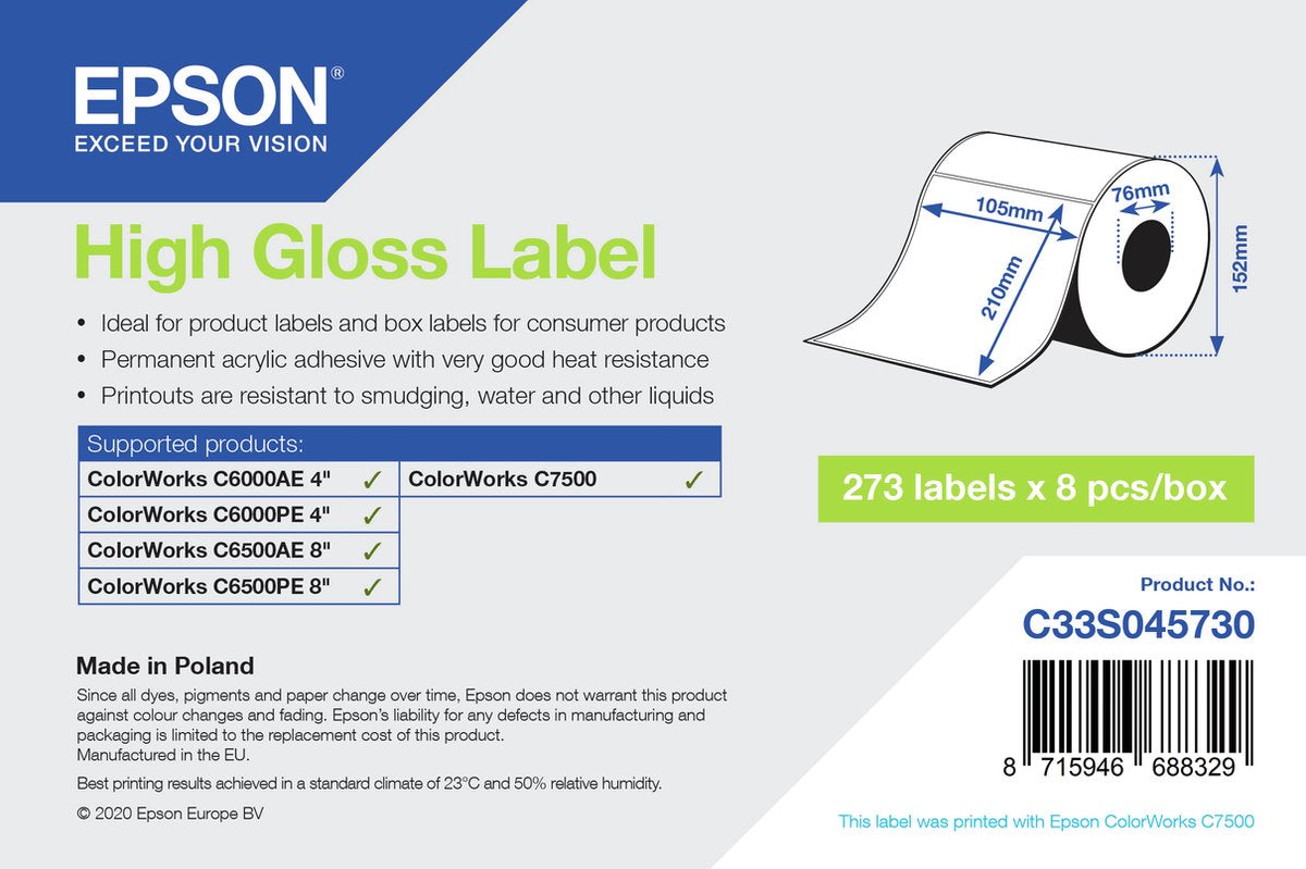 Étiquette Epson haute brillance - découpée : 105 mm x 210 mm, 273 étiquettes