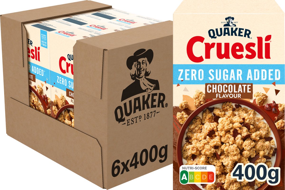 Quaker cruesli chocolat sans sucre ajouté - céréales pour petit déjeuner - 6 x 400 grammes