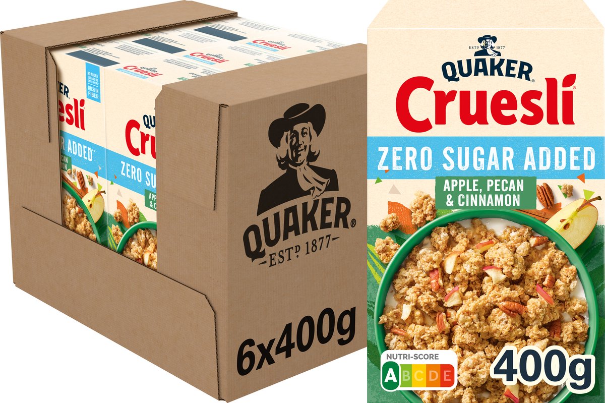 Quaker cruesli sans sucre ajouté pomme, noix de pécan et cannelle - céréales pour petit déjeuner - 6 x 400 grammes