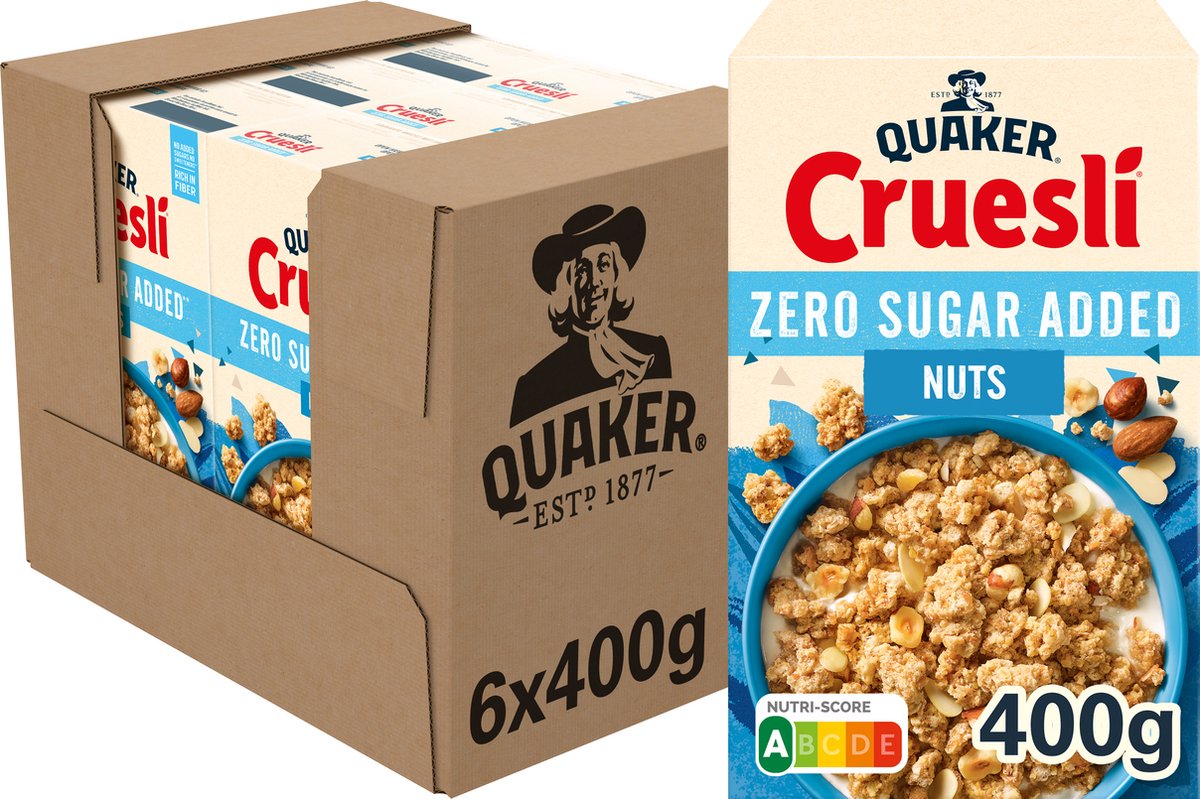 Quaker cruesli sans sucre ajouté noix - céréales pour petit déjeuner - 6 x 400 grammes